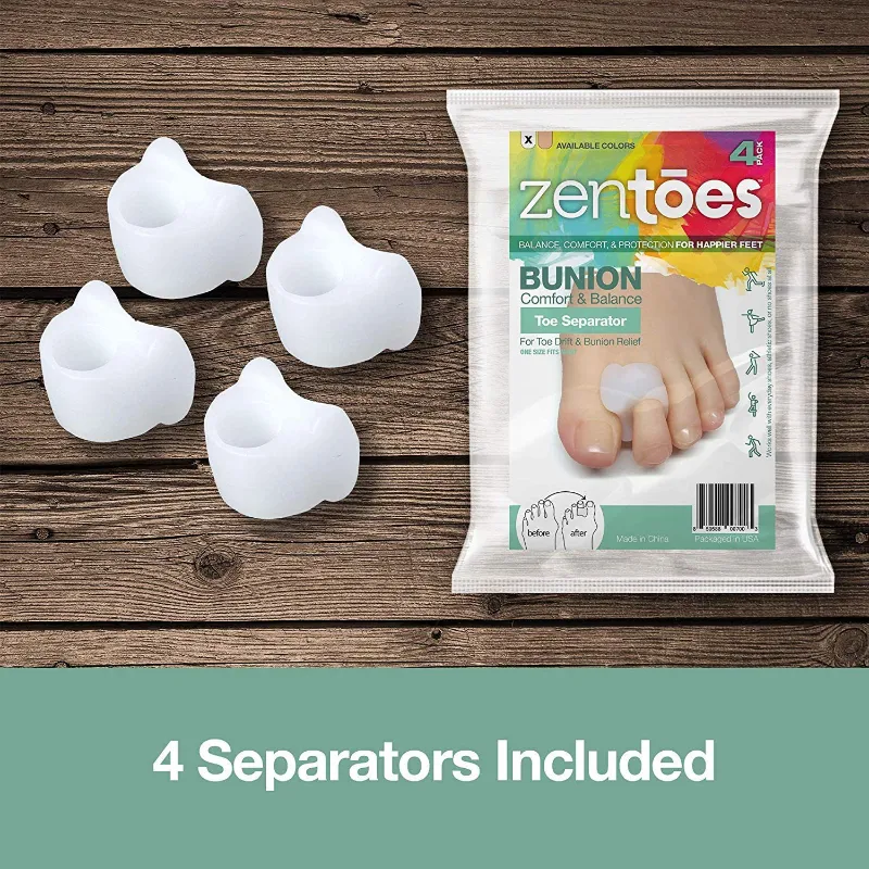 ZenToes Gel Toe Separators for Overlapping Toes, Bunions, Big Toe Alignment, Corrector and Spacer - 4 Pack (White)